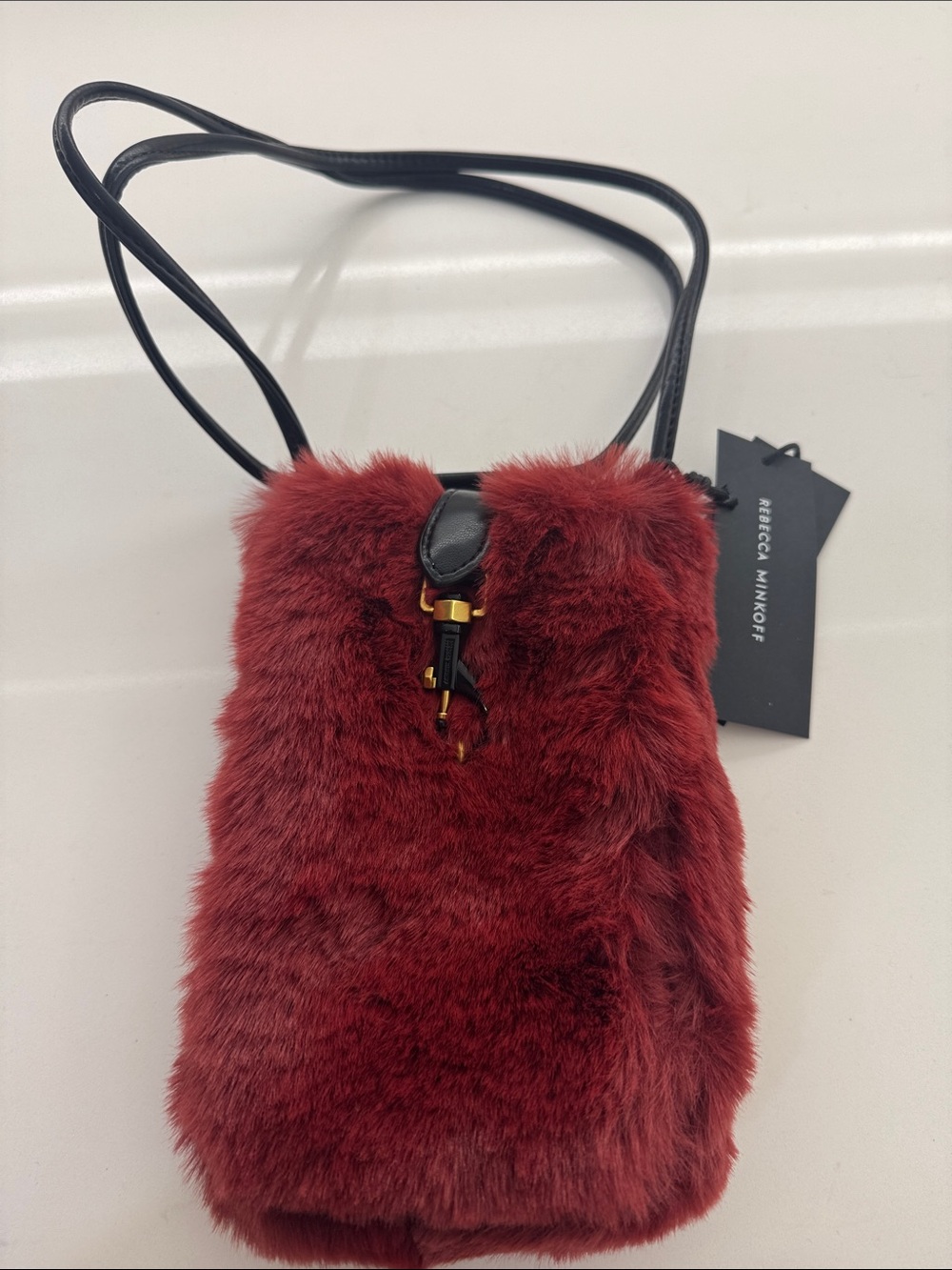 Rebecca Minkoff Red Faux Fur Crossbody Bag with Leather Strap